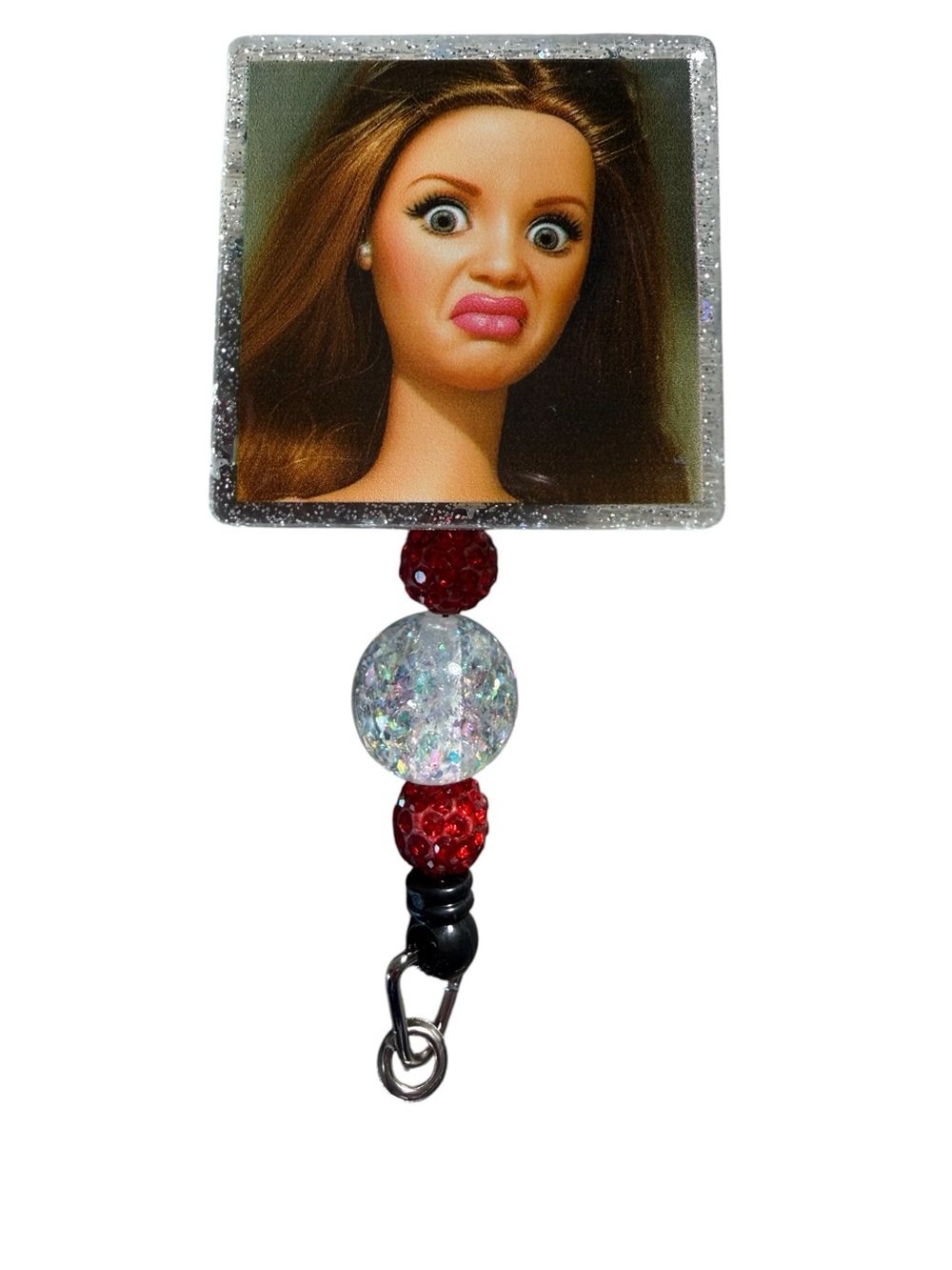 Novelty Beaded Badge Reel Holder with Glitter Square Charm - Red/White